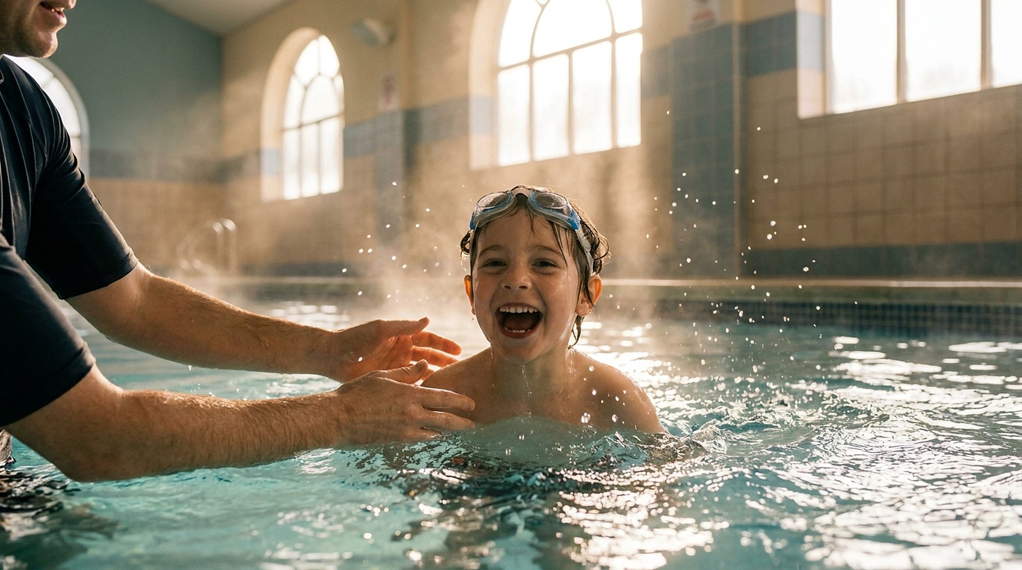 A child surfacing with a huge grin, goggles up, the teacher's hands close by
