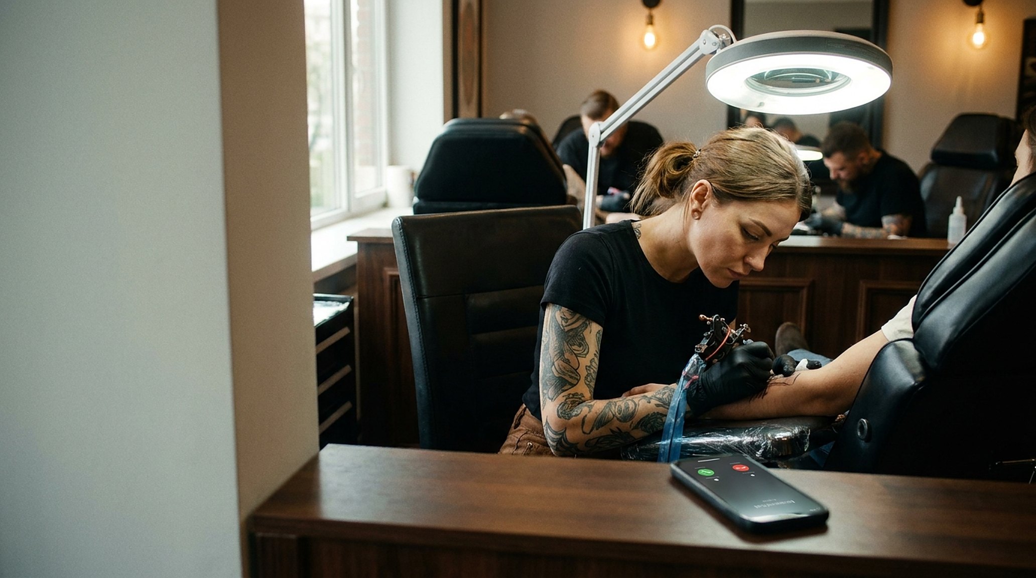 A tattoo artist mid-line on a client's forearm, focused; a phone lit up on the counter, ignored