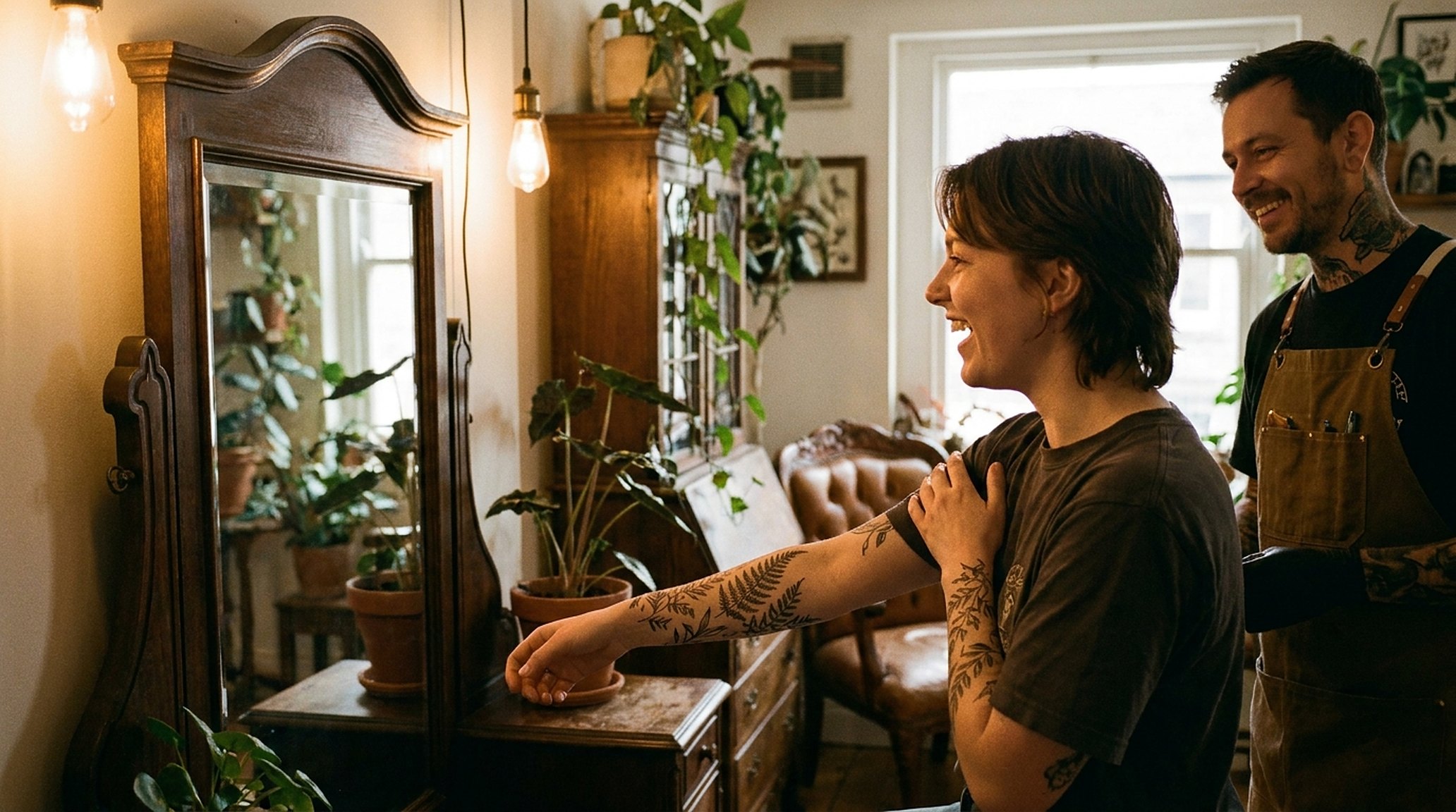 A client looking at a finished piece in the mirror, the artist beside them, warm light
