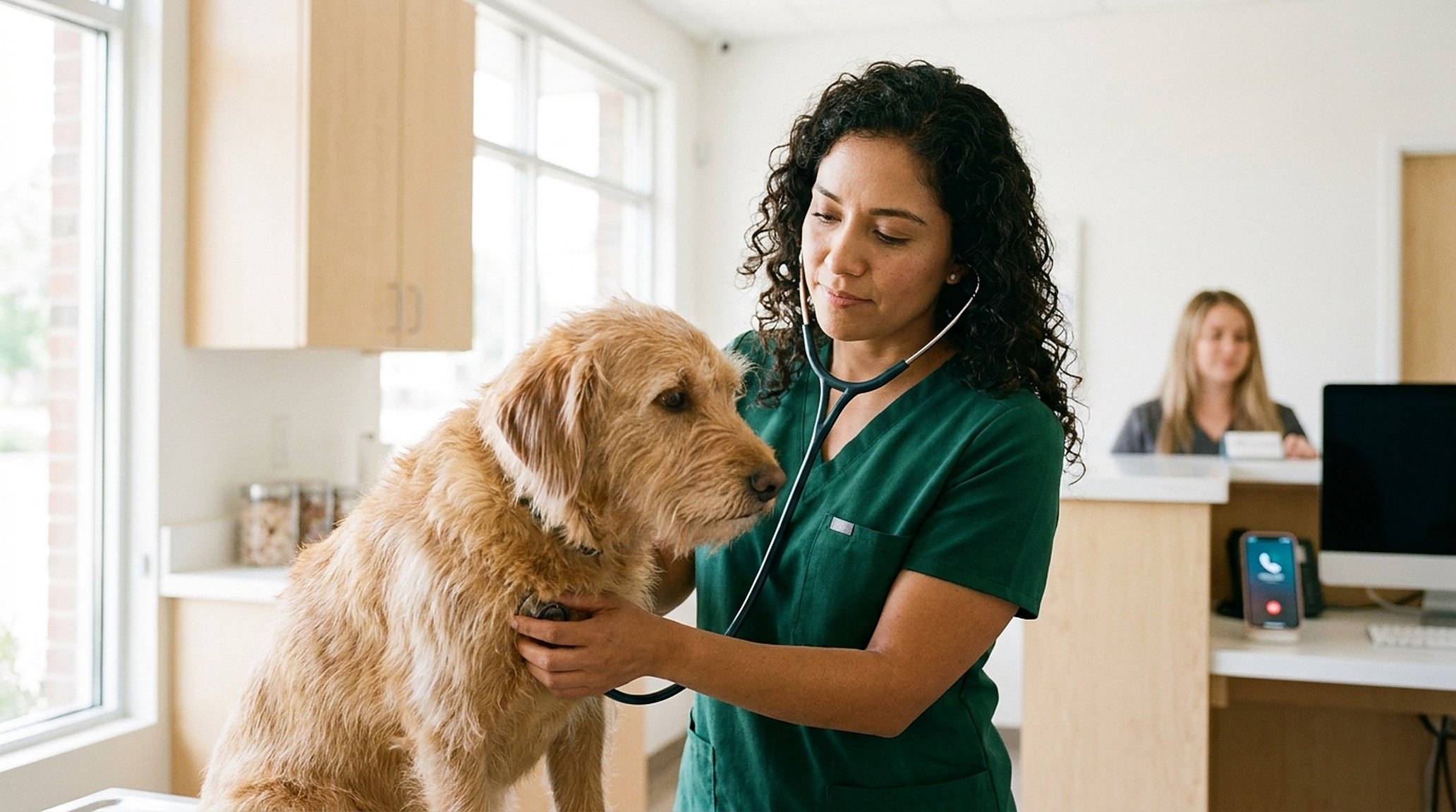 A vet examining a dog on the table, gentle and focused; a phone lit up on the desk, ignored