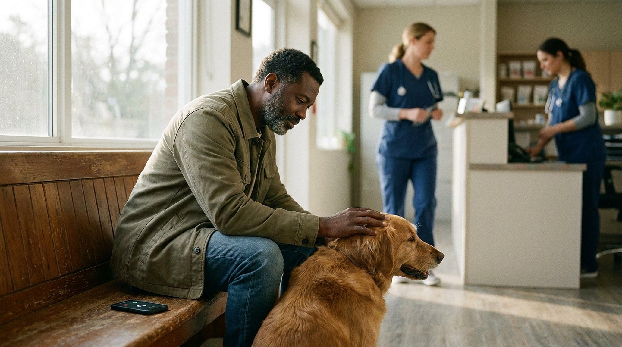 A dog with its owner in the waiting room, calm, the owner's hand on its head