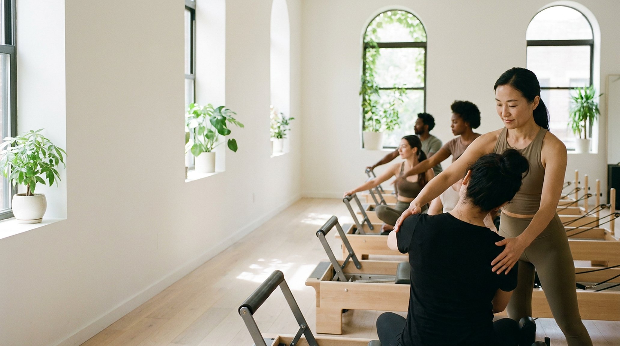 A Pilates instructor adjusting a student on a reformer, calm; a phone lit up on the desk, ignored