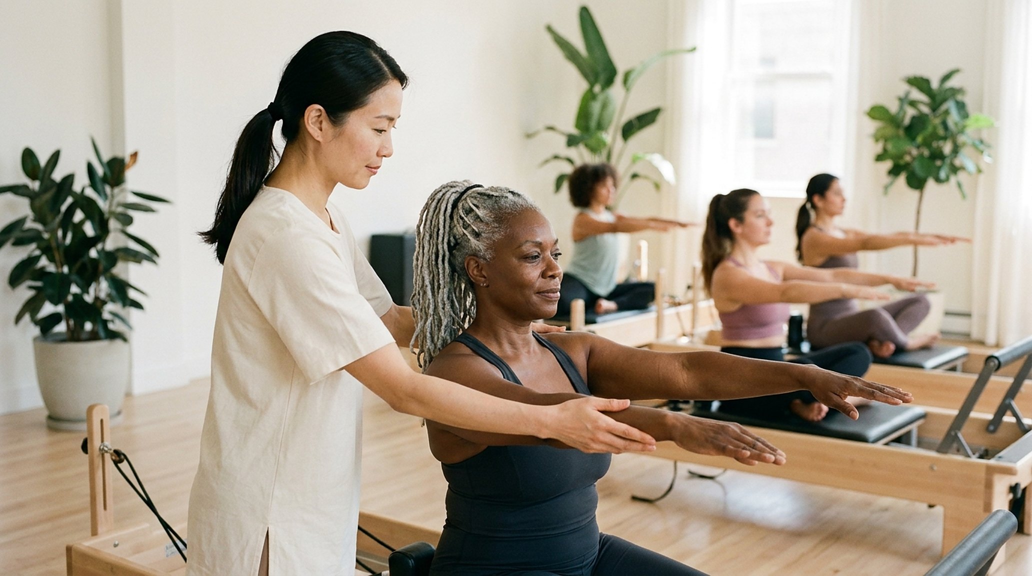 A Pilates instructor adjusting a student on a reformer, calm; a phone lit up on the desk, ignored
