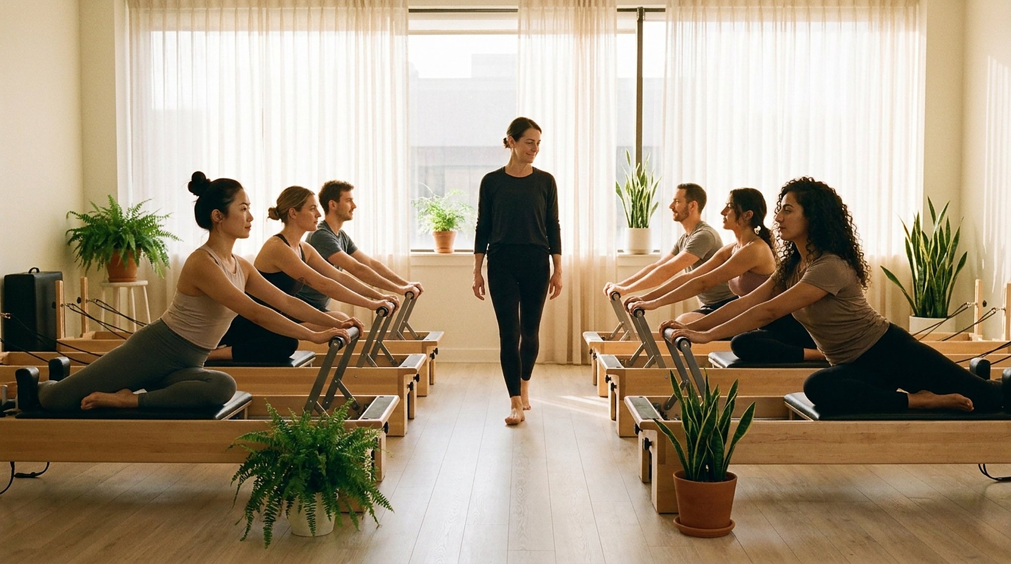 A quiet reformer room in morning light, students mid-movement